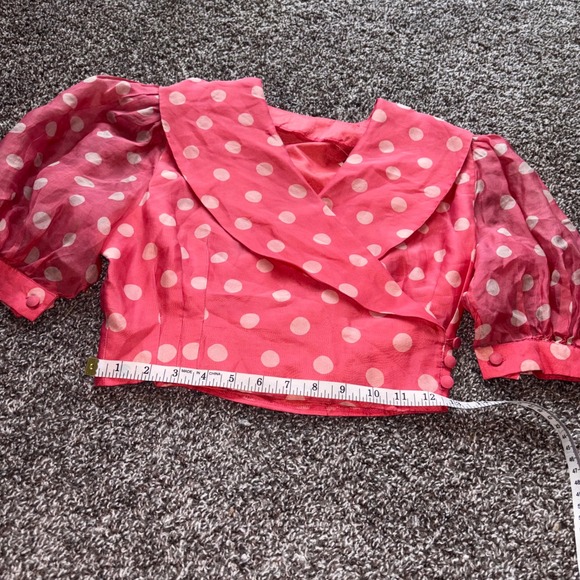 Vintage 60s Sears Puff Sleeve Pink White Polka Dot Sailor Collar Crop Blouse Top - Picture 2 of 7